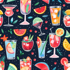 A colorful pattern of various cocktails and fruit slices against a dark background, featuring designs of glasses with ice, straws, and decorative garnishes.