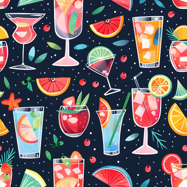 A colorful pattern of various cocktails and fruit slices against a dark background, featuring designs of glasses with ice, straws, and decorative garnishes.