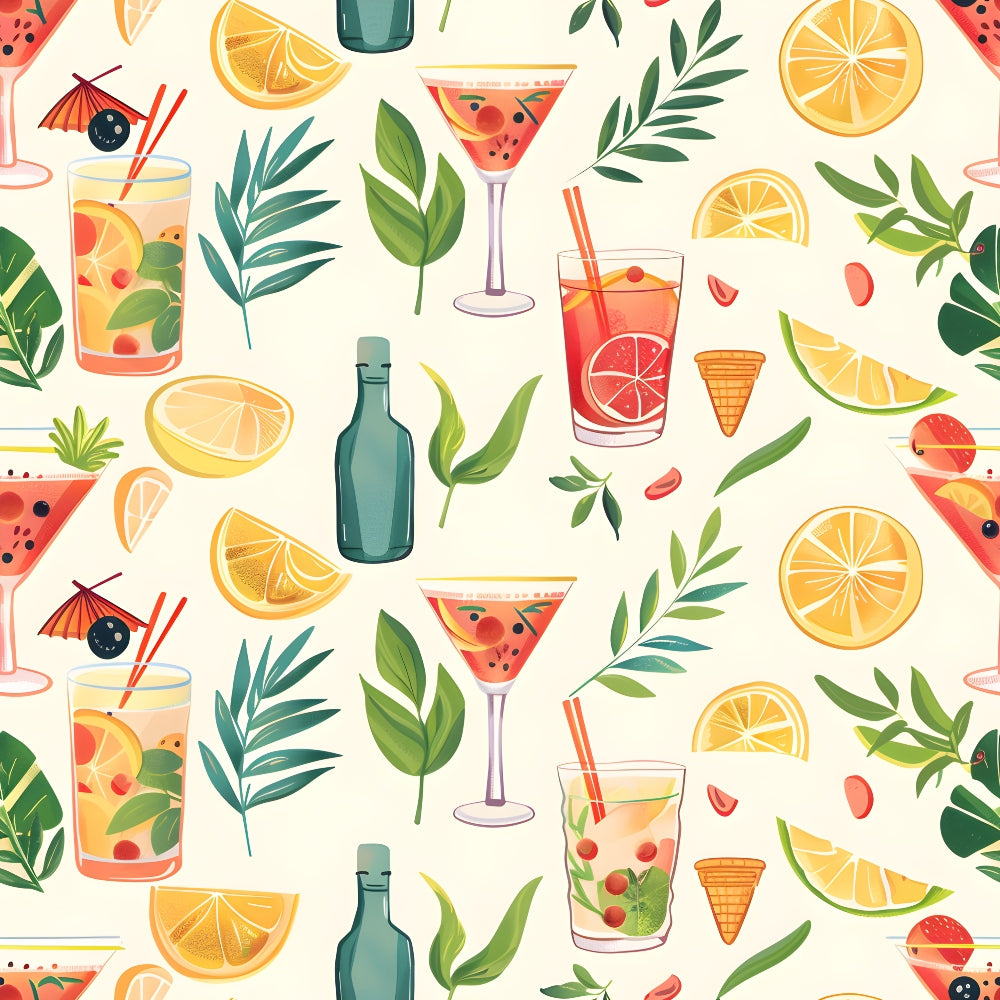 Illustrated pattern of cocktails, citrus slices, leaves, and bottles on a light background.