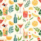 Illustrated pattern of cocktails, citrus slices, leaves, and bottles on a light background.