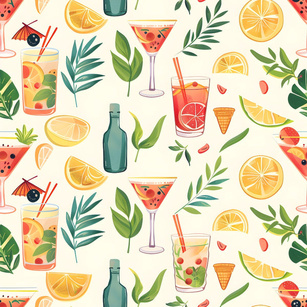 Illustrated pattern of cocktails, citrus slices, leaves, and bottles on a light background.