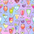 Illustration of various colorful cocktails and drinks with fruit garnishes on a pastel background.