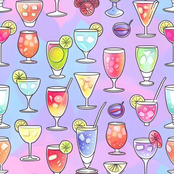 Illustration of various colorful cocktails and drinks with fruit garnishes on a pastel background.