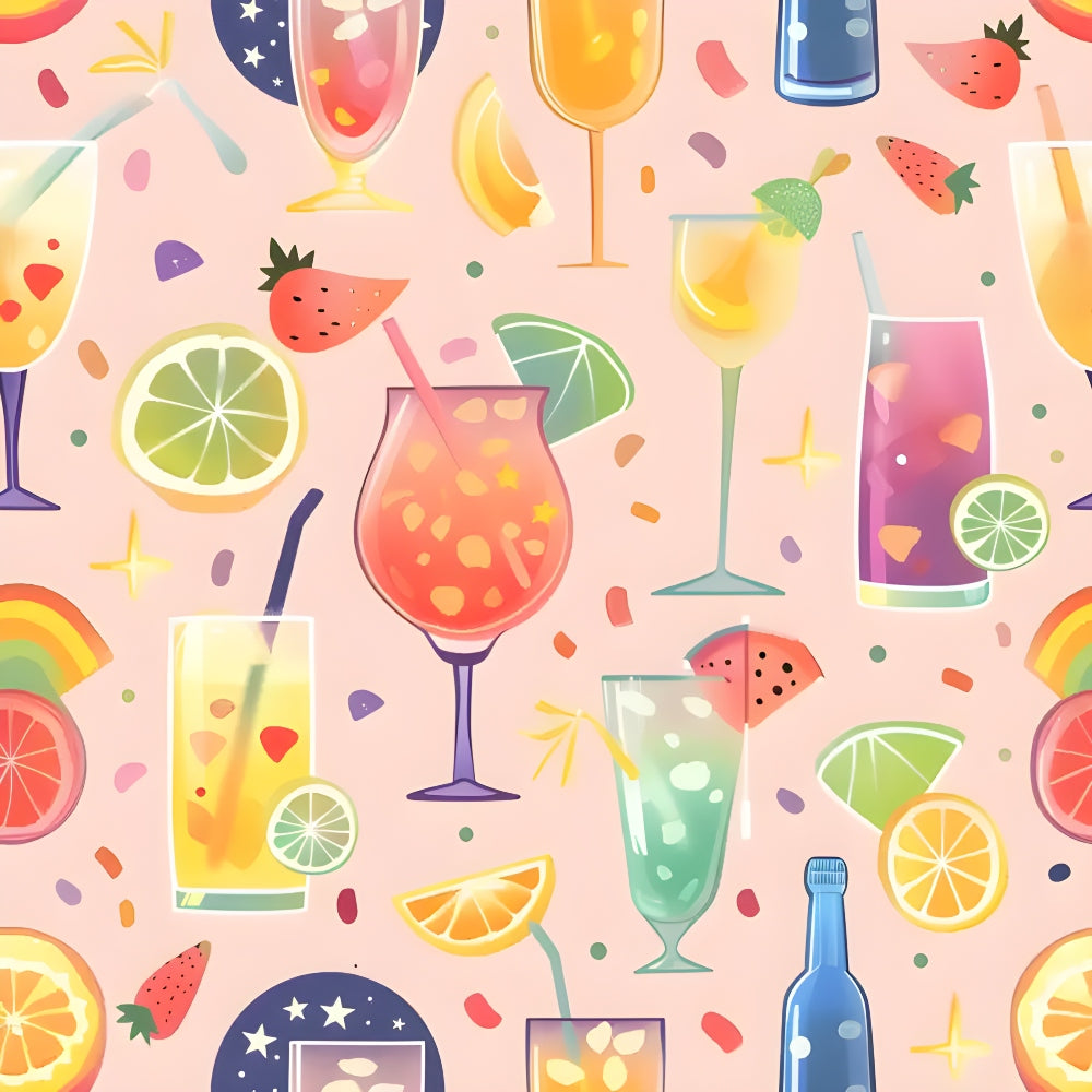 Illustrated pattern of colorful cocktails, fruits, and stars on a light pink background.