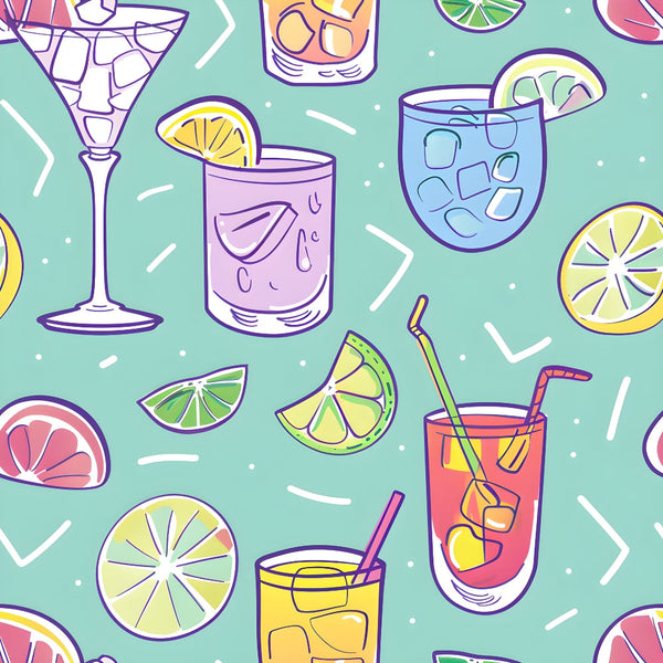 Colorful illustration of various cocktails and sliced citrus fruits like lime and grapefruit on a teal background.