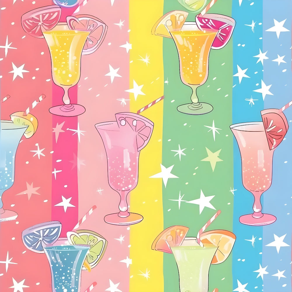 Colorful illustration of various cocktails with fruit garnishes on a striped background with stars.