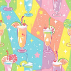 Colorful illustration of various cocktails with fruit garnishes and striped straws on a brightly patterned background with stars and sparkles.