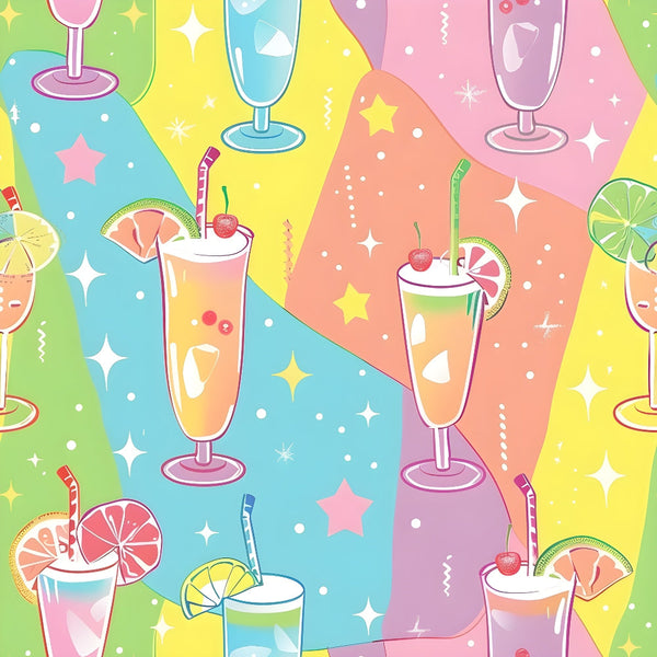 Colorful illustration of various cocktails with fruit garnishes and striped straws on a brightly patterned background with stars and sparkles.