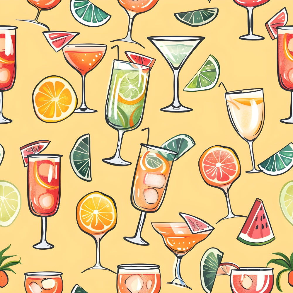 Illustration of various cocktails with fruit garnishes on a yellow background.