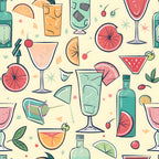 A colorful pattern of assorted cocktails, fruits, and beverage bottles on a light background.