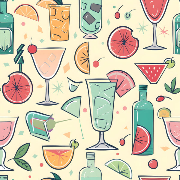 A colorful pattern of assorted cocktails, fruits, and beverage bottles on a light background.