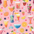Illustrated cocktails with fruits on a pink background, featuring glasses of various shapes, citrus slices, cherries, strawberries, and berries scattered around.