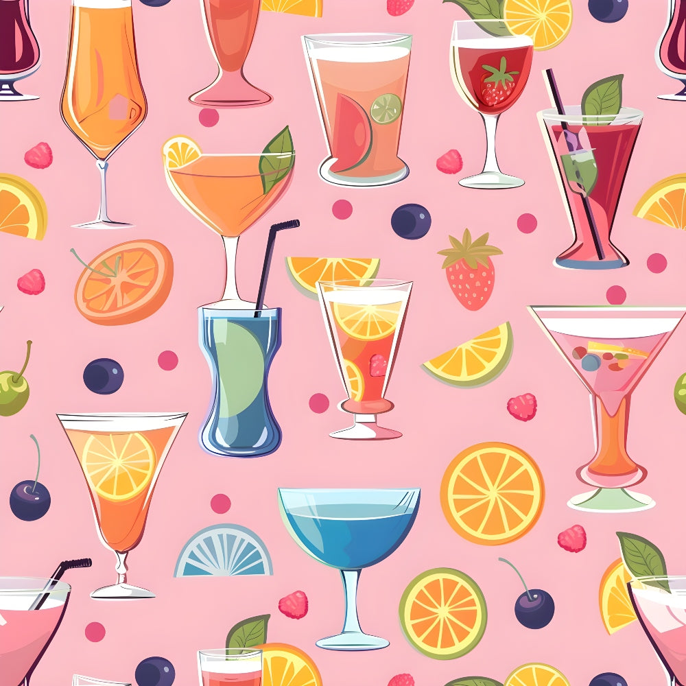 Illustrated cocktails with fruits on a pink background, featuring glasses of various shapes, citrus slices, cherries, strawberries, and berries scattered around.