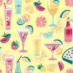 Colorful illustration of various drinks and fruits, including cocktails, lemon slices, strawberries, watermelon, and cherries on a yellow background.