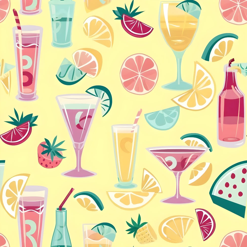 Colorful illustration of various drinks and fruits, including cocktails, lemon slices, strawberries, watermelon, and cherries on a yellow background.