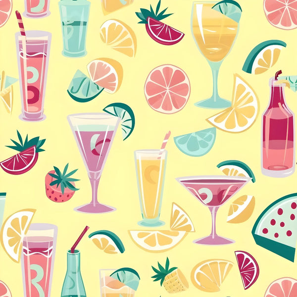 Colorful illustration of various drinks and fruits, including cocktails, lemon slices, strawberries, watermelon, and cherries on a yellow background.