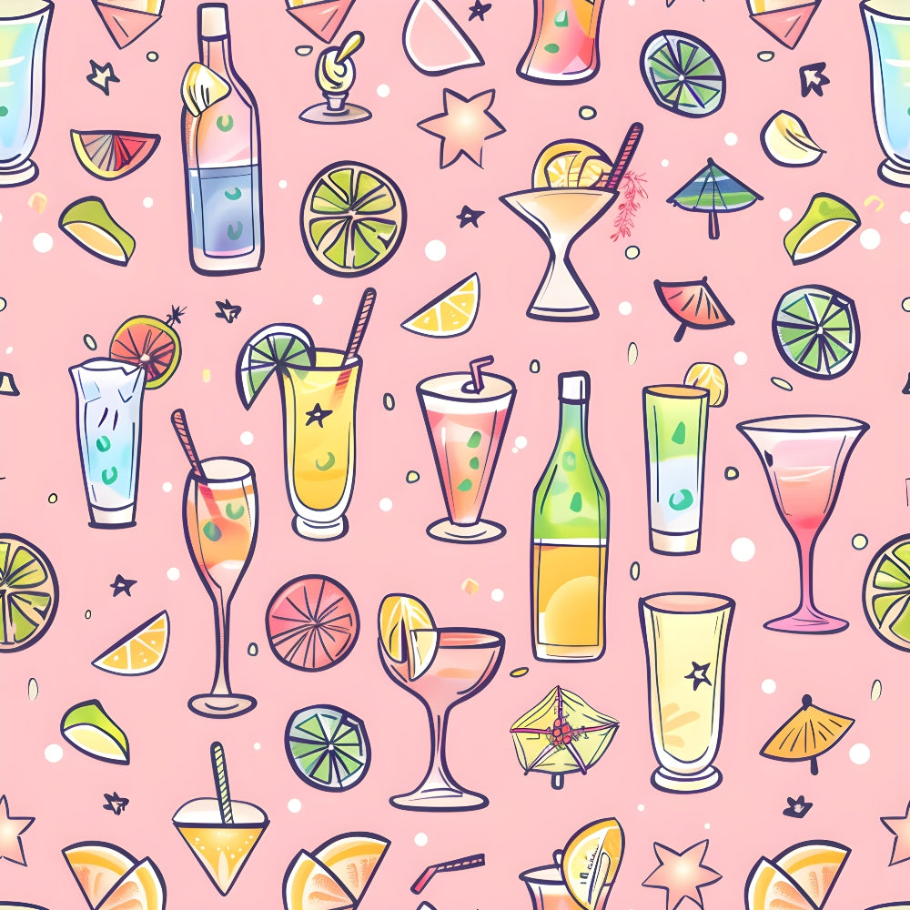 Colorful cocktail pattern with various drinks, fruit slices, cocktail umbrellas, and star shapes on a pink background.