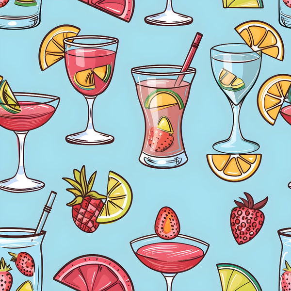 Illustrated cocktail glasses with fruit garnishes, including strawberries, pineapple, and citrus slices, on a light blue background.