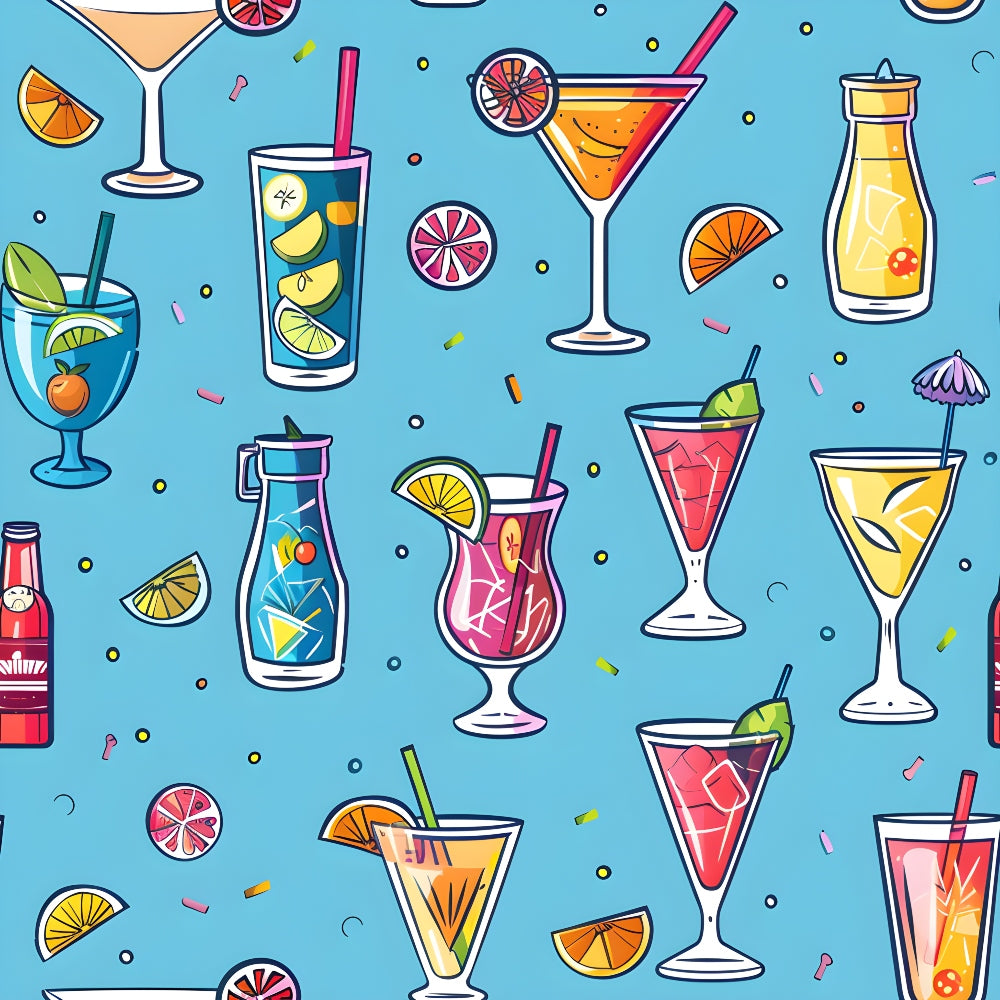 Illustrated pattern of various cocktails and drinks, including glasses with fruit garnishes, on a blue background with confetti.
