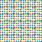 A patterned grid of small, multicolored squares in blue, yellow, pink, and orange, arranged in a repeating sequence.