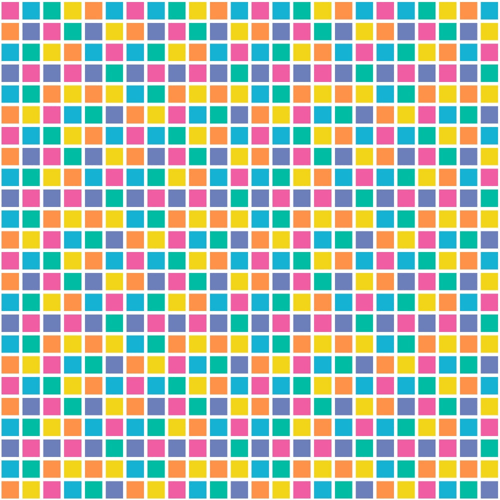 A patterned grid of small, multicolored squares in blue, yellow, pink, and orange, arranged in a repeating sequence.