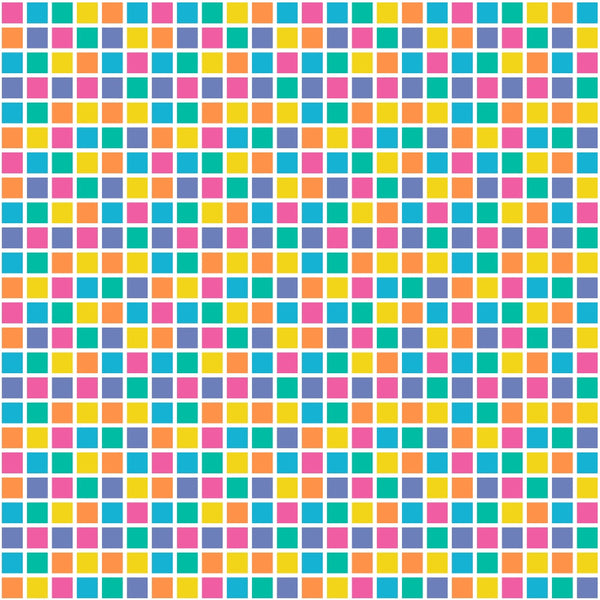 A patterned grid of small, multicolored squares in blue, yellow, pink, and orange, arranged in a repeating sequence.