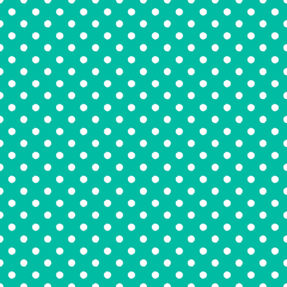 White polka dot pattern on a turquoise background.