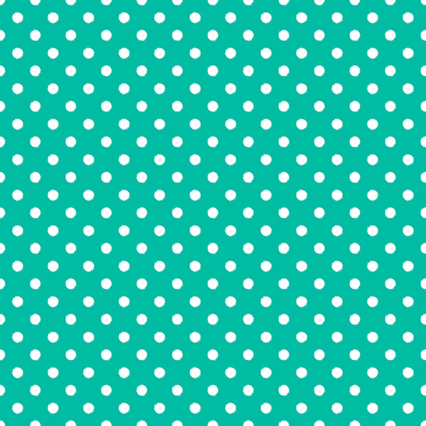 White polka dot pattern on a turquoise background.
