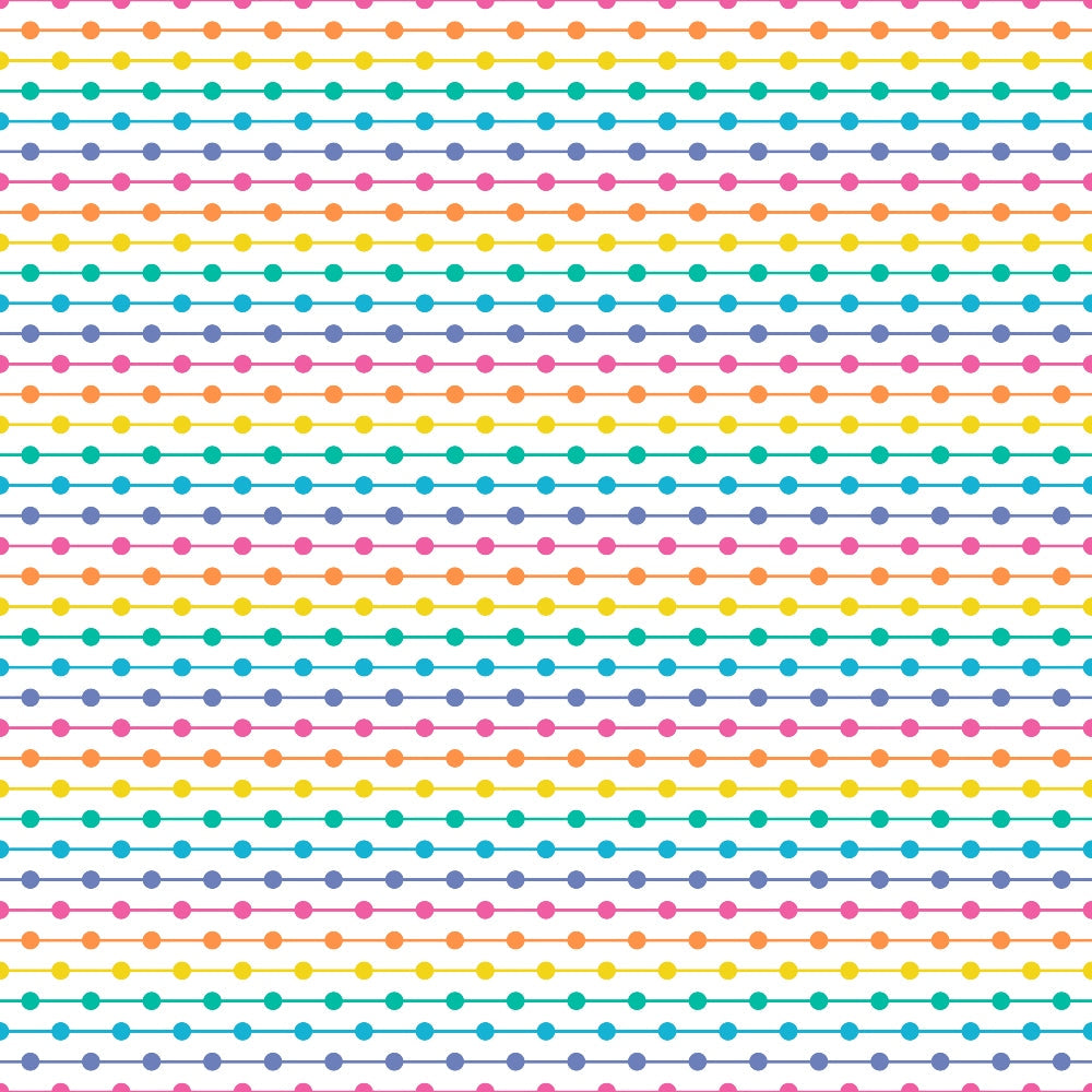 Pattern of evenly spaced, colorful horizontal lines composed of dots in various colors on a white background.