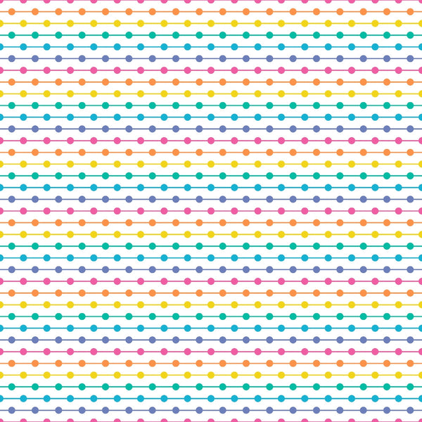 Pattern of evenly spaced, colorful horizontal lines composed of dots in various colors on a white background.