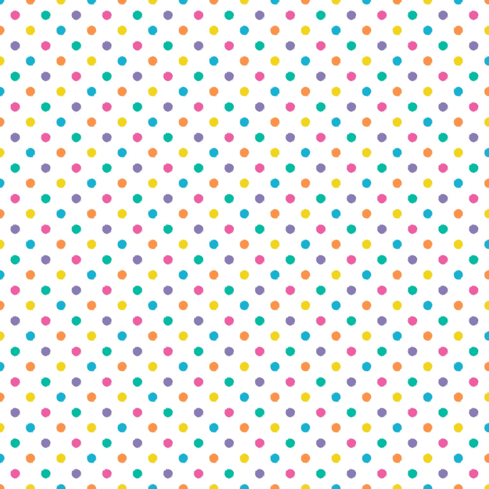 Pattern of evenly spaced pastel polka dots in purple, turquoise, pink, and green on a white background.