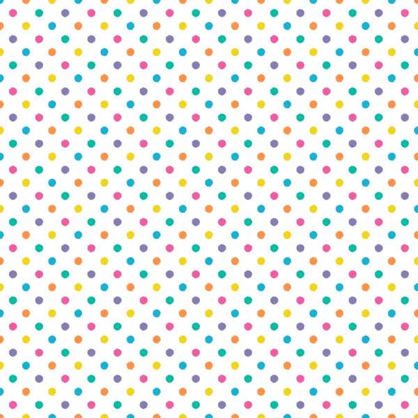 Pattern of evenly spaced pastel polka dots in purple, turquoise, pink, and green on a white background.