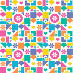 Colorful geometric pattern with flowers, hearts, and various shapes in pink, blue, yellow, orange, and green on a white background.