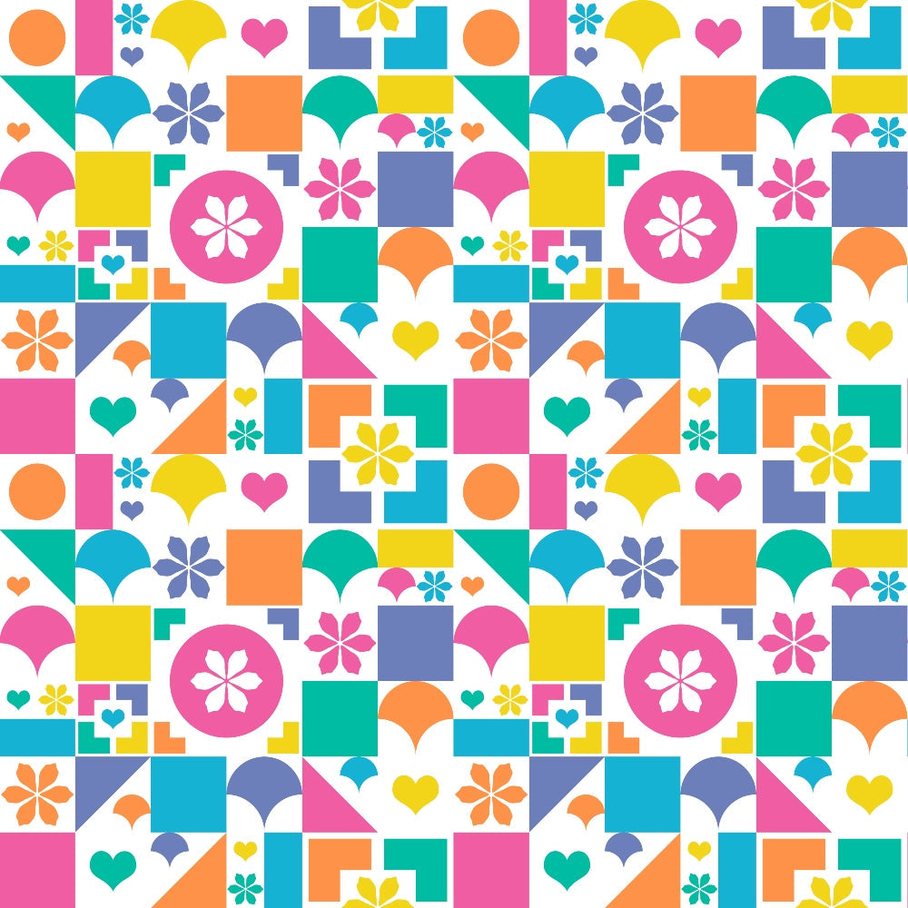 Colorful geometric pattern with flowers, hearts, and various shapes in pink, blue, yellow, orange, and green on a white background.