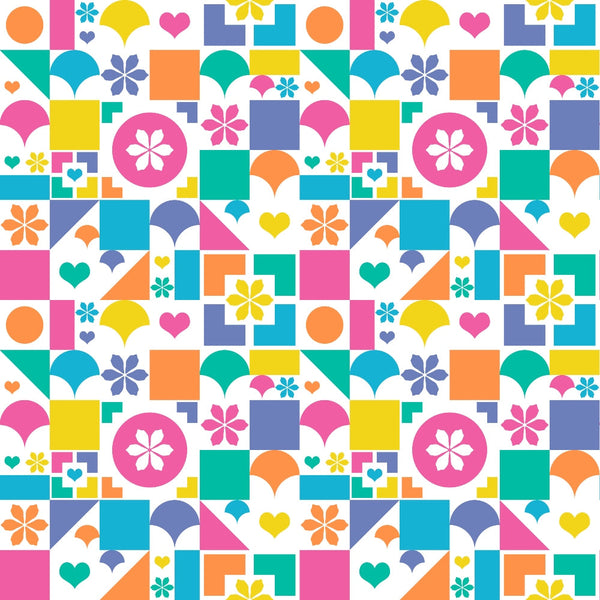 Colorful geometric pattern with flowers, hearts, and various shapes in pink, blue, yellow, orange, and green on a white background.