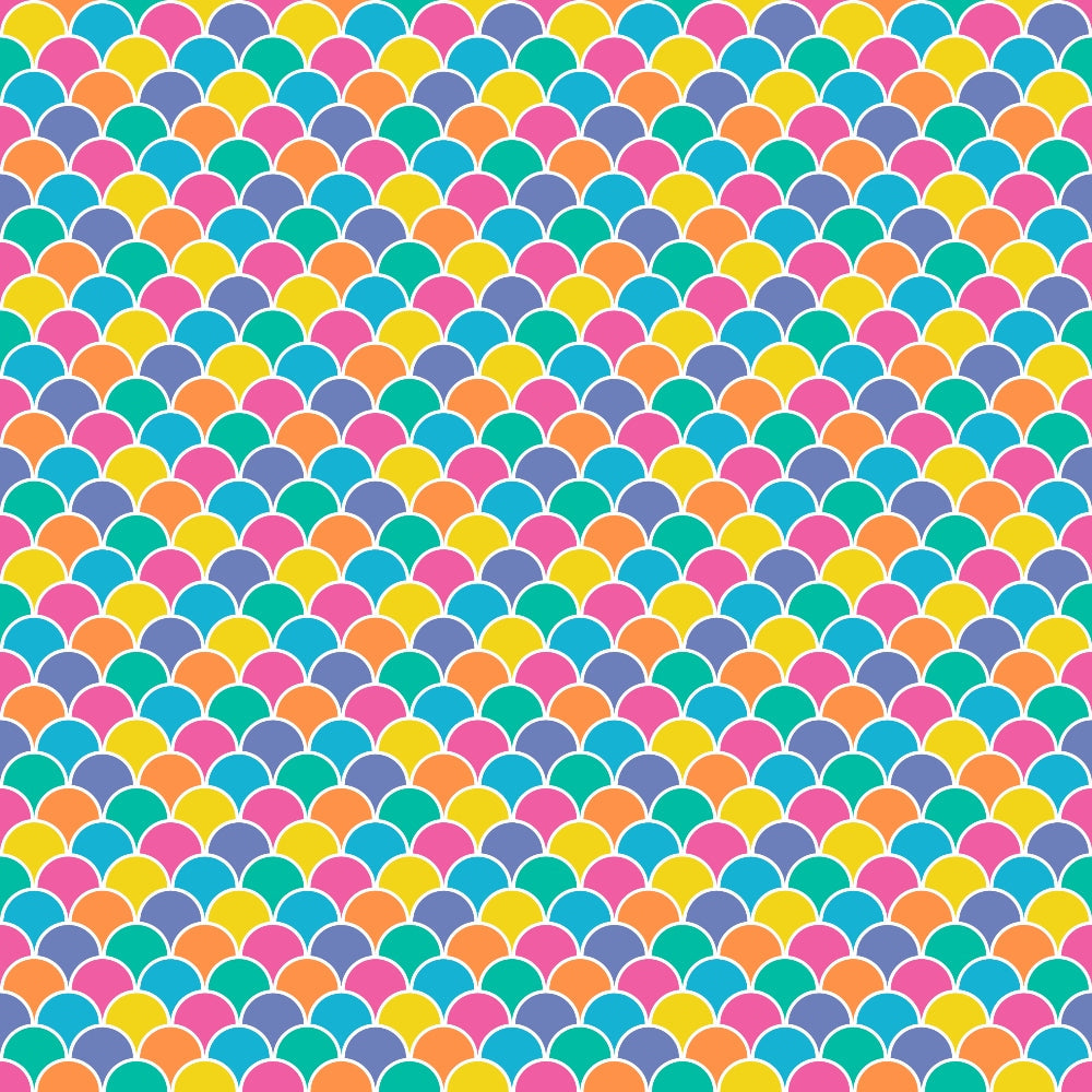 A seamless pattern of overlapping multicolored scallops in blue, pink, orange, and yellow.