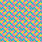 A seamless pattern of overlapping multicolored scallops in blue, pink, orange, and yellow.