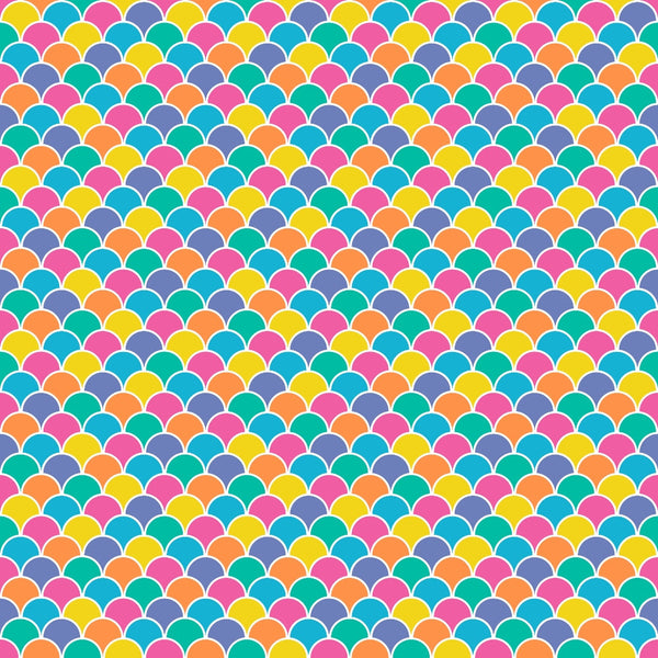 A seamless pattern of overlapping multicolored scallops in blue, pink, orange, and yellow.