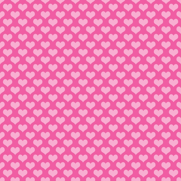 Pink background with a repeated pattern of small, lighter pink hearts.