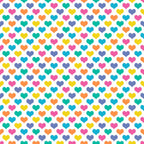 Pattern of colorful hearts in rows, featuring pink, yellow, blue, orange, and green hearts on a white background.