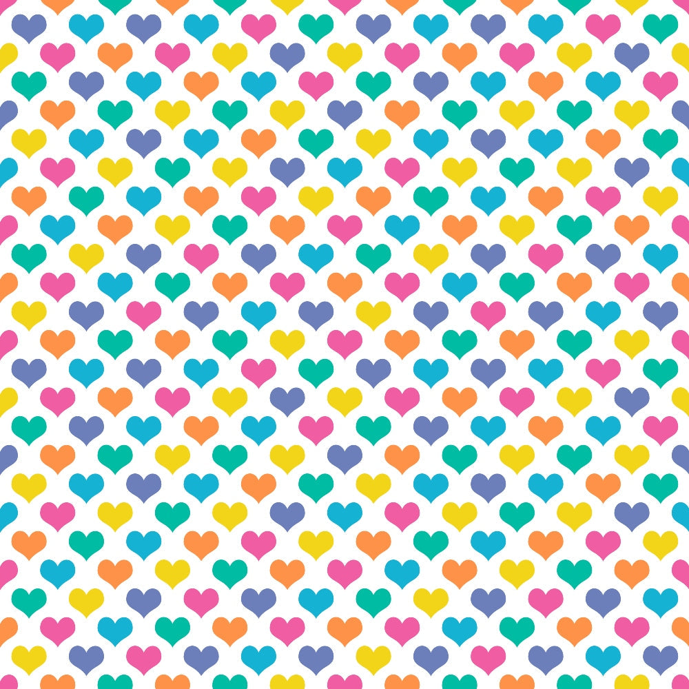 Pattern of colorful hearts in rows, featuring pink, yellow, blue, orange, and green hearts on a white background.