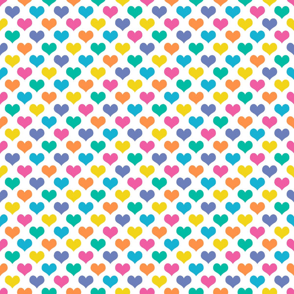 Pattern of colorful hearts in rows, featuring pink, yellow, blue, orange, and green hearts on a white background.