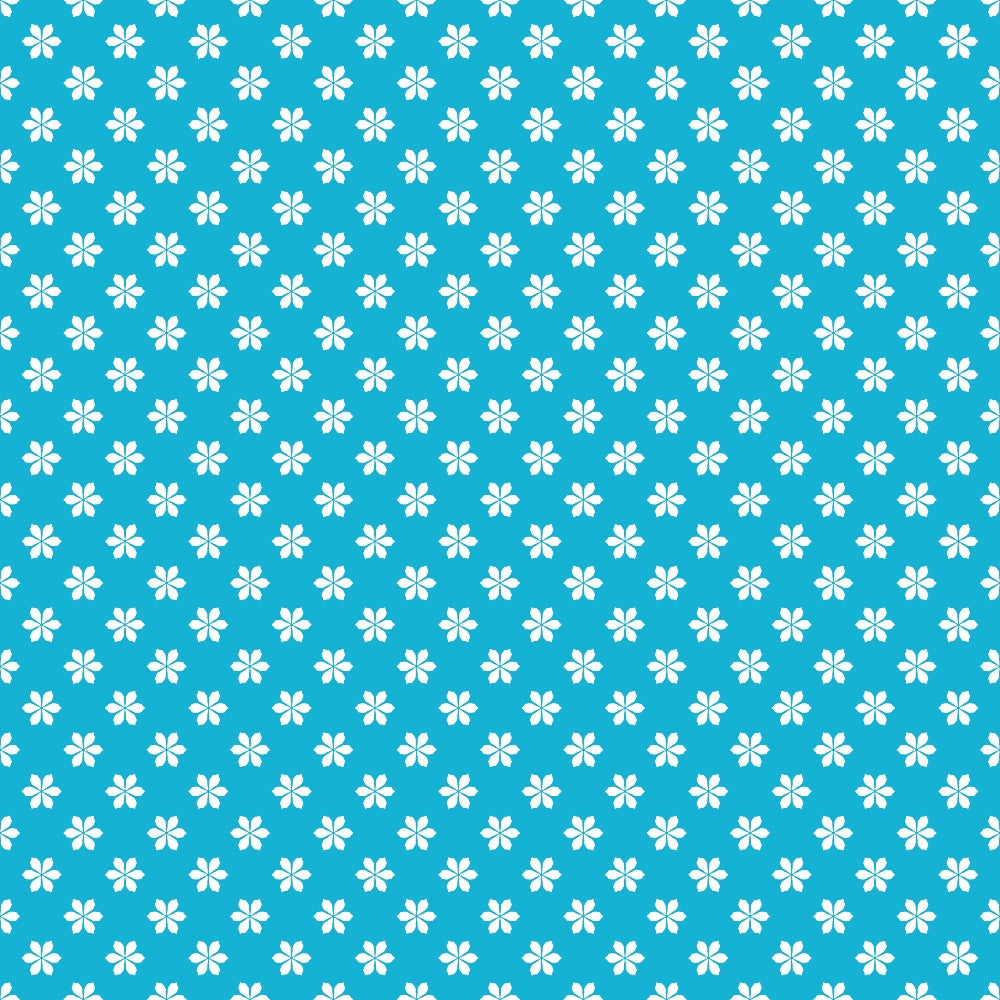 Blue background with a pattern of small, white, four-petaled flowers arranged in even rows and columns.