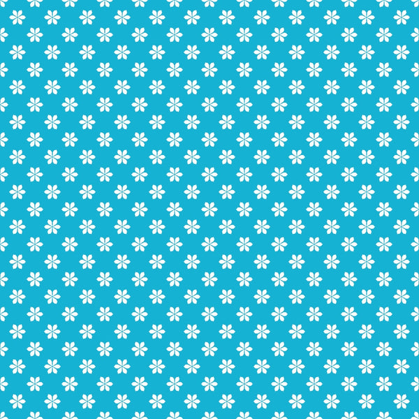 Blue background with a pattern of small, white, four-petaled flowers arranged in even rows and columns.