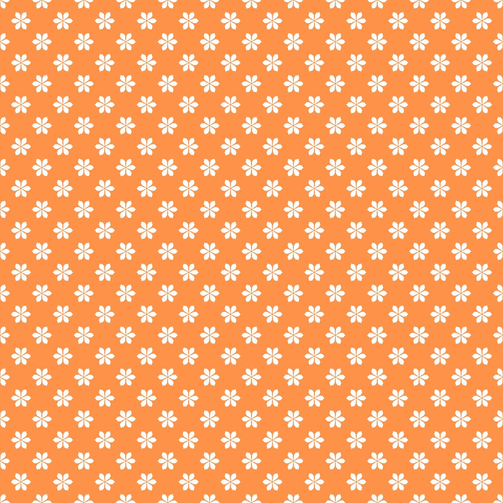 Pattern of small white flowers on an orange background, arranged in a uniform grid.