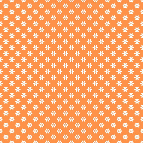 Pattern of small white flowers on an orange background, arranged in a uniform grid.