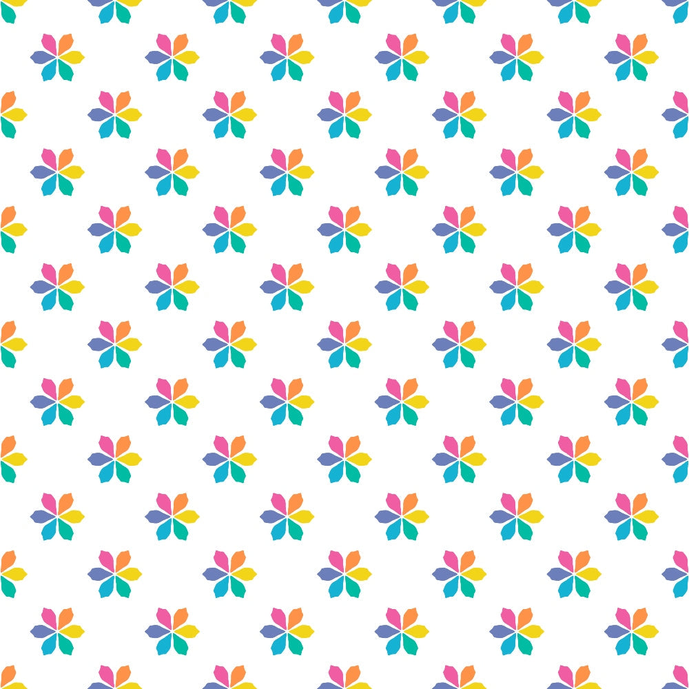 Pattern of multicolored, symmetrical floral shapes evenly spaced on a white background.