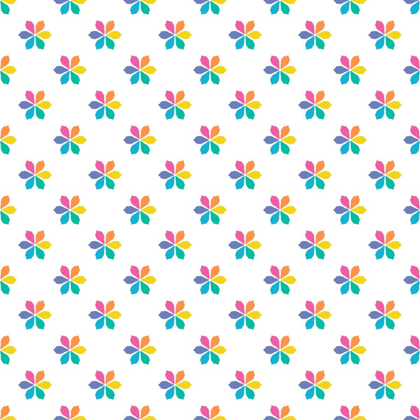Pattern of multicolored, symmetrical floral shapes evenly spaced on a white background.