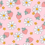 Summer Strawberries and Floral Fabric with pink background, white daisies, yellow flower accents, red strawberries, green leaves, floral pattern, quilting material, cotton textile, seasonal design, pastel colors, craft fabric, sewing fabric