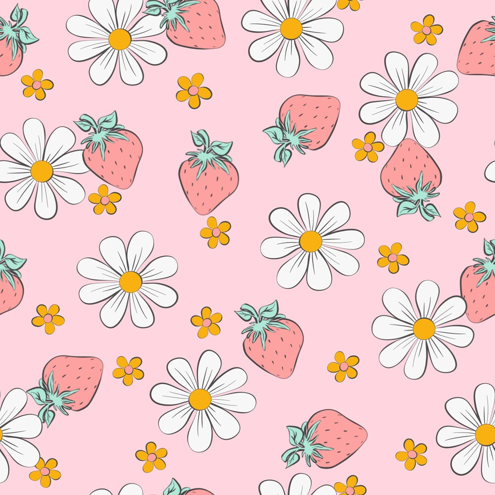 Summer Strawberries and Floral Fabric with pink background, white daisies, yellow flower accents, red strawberries, green leaves, floral pattern, quilting material, cotton textile, seasonal design, pastel colors, craft fabric, sewing fabric